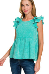 Zenana Double Gauze Acid Washed Tiered Ruffle Peplum Top OutfitFlow