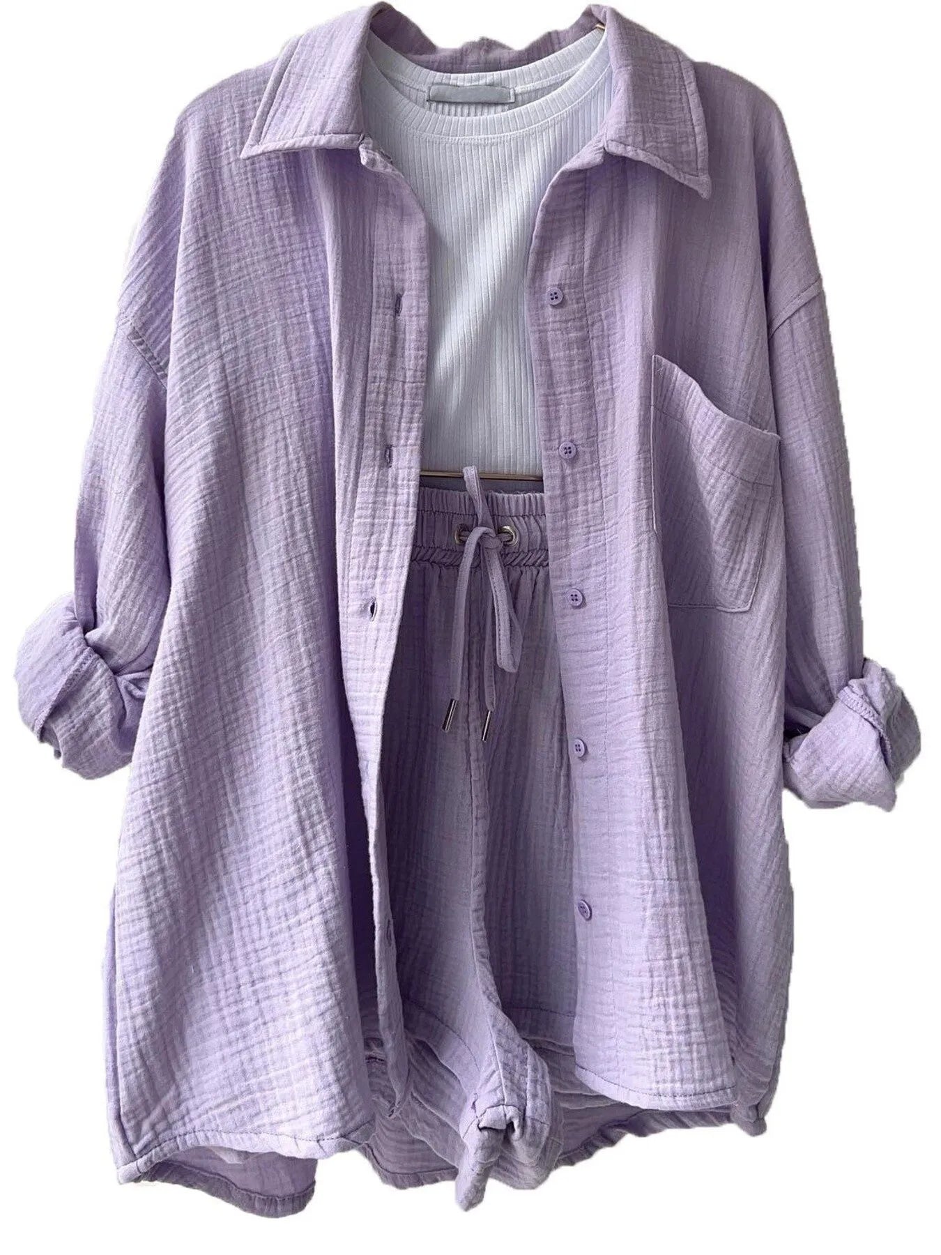 Textured Button Up Shirt and Shorts Set Light Purple OutfitFlow