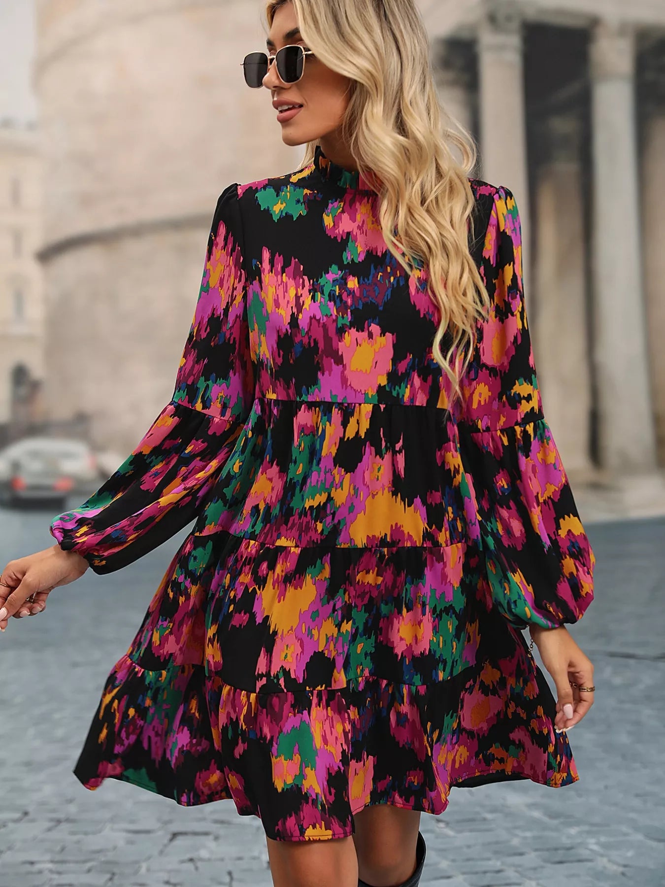 Printed Balloon Sleeve Mini Dress OutfitFlow