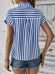 Striped Button-Up Short Sleeve Shirt with Pocket OutfitFlow