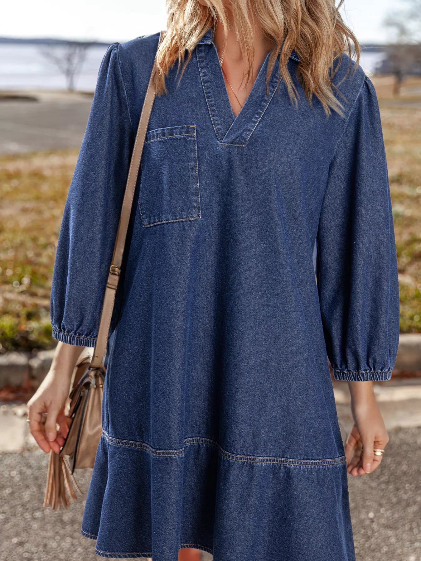 V Neck Collared Single Chest Pocket Long Sleeve Denim Dress OutfitFlow