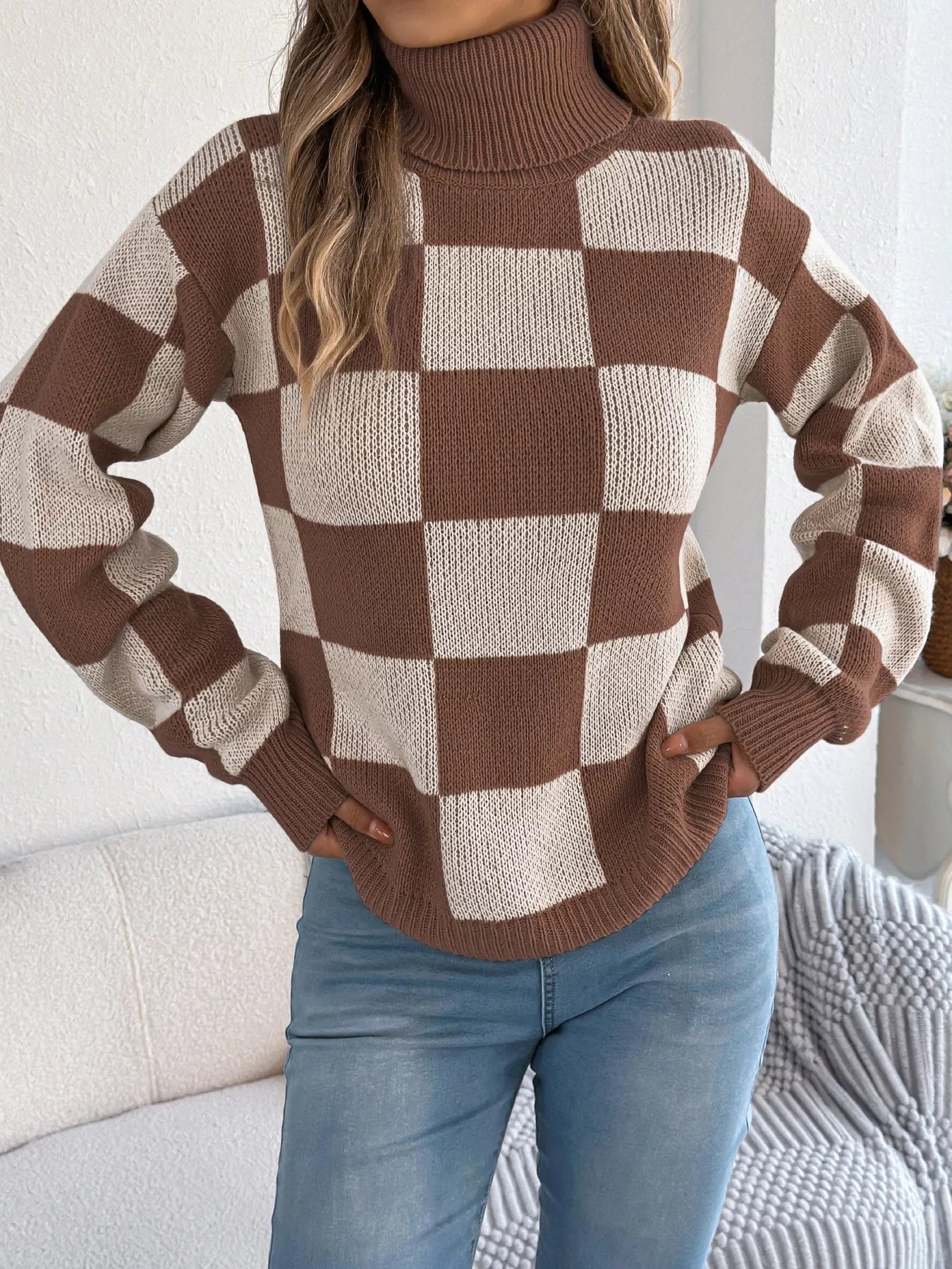 Checkered Turtleneck Long Sleeve Sweater OutfitFlow