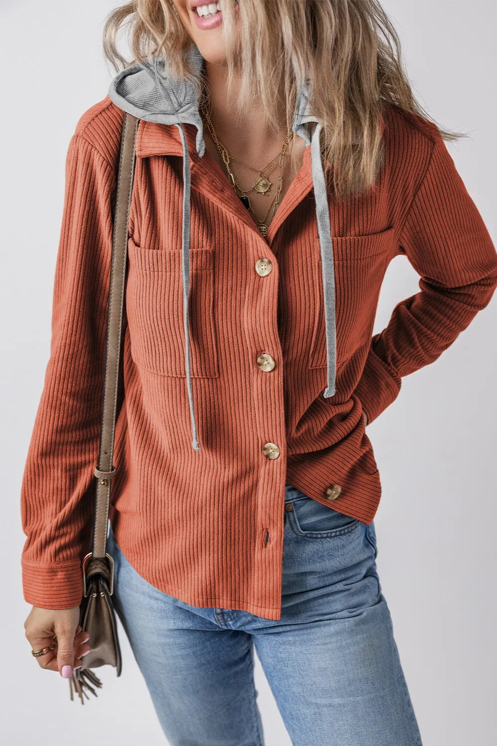 Drawstring Button Up Long Sleeve Hooded Jacket OutfitFlow