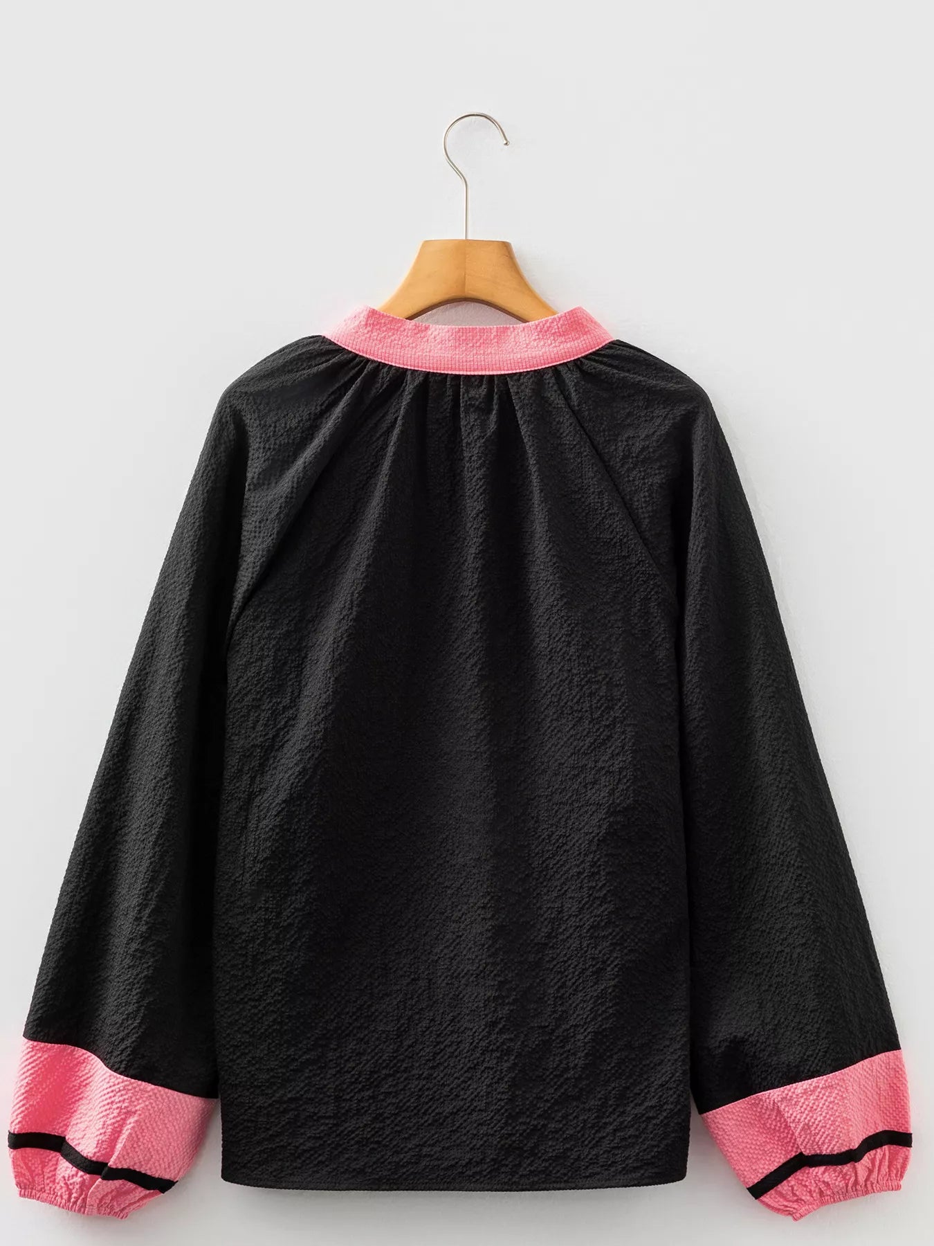 Color Block Patchwork Detail Textured Long Sleeve Blouse OutfitFlow