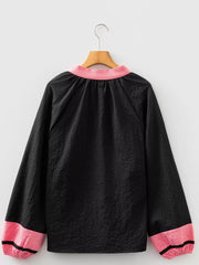 Color Block Patchwork Detail Textured Long Sleeve Blouse OutfitFlow