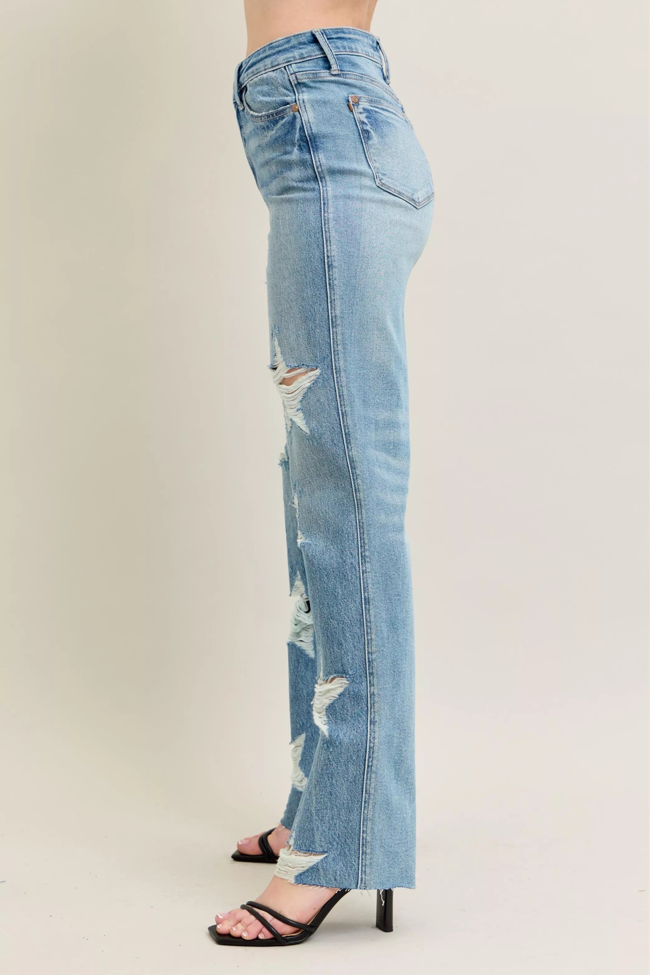 Judy Blue Full Size High Waist Rigid Magic Star Shaped Destroy 90's Straight Jeans Plus Size OutfitFlow