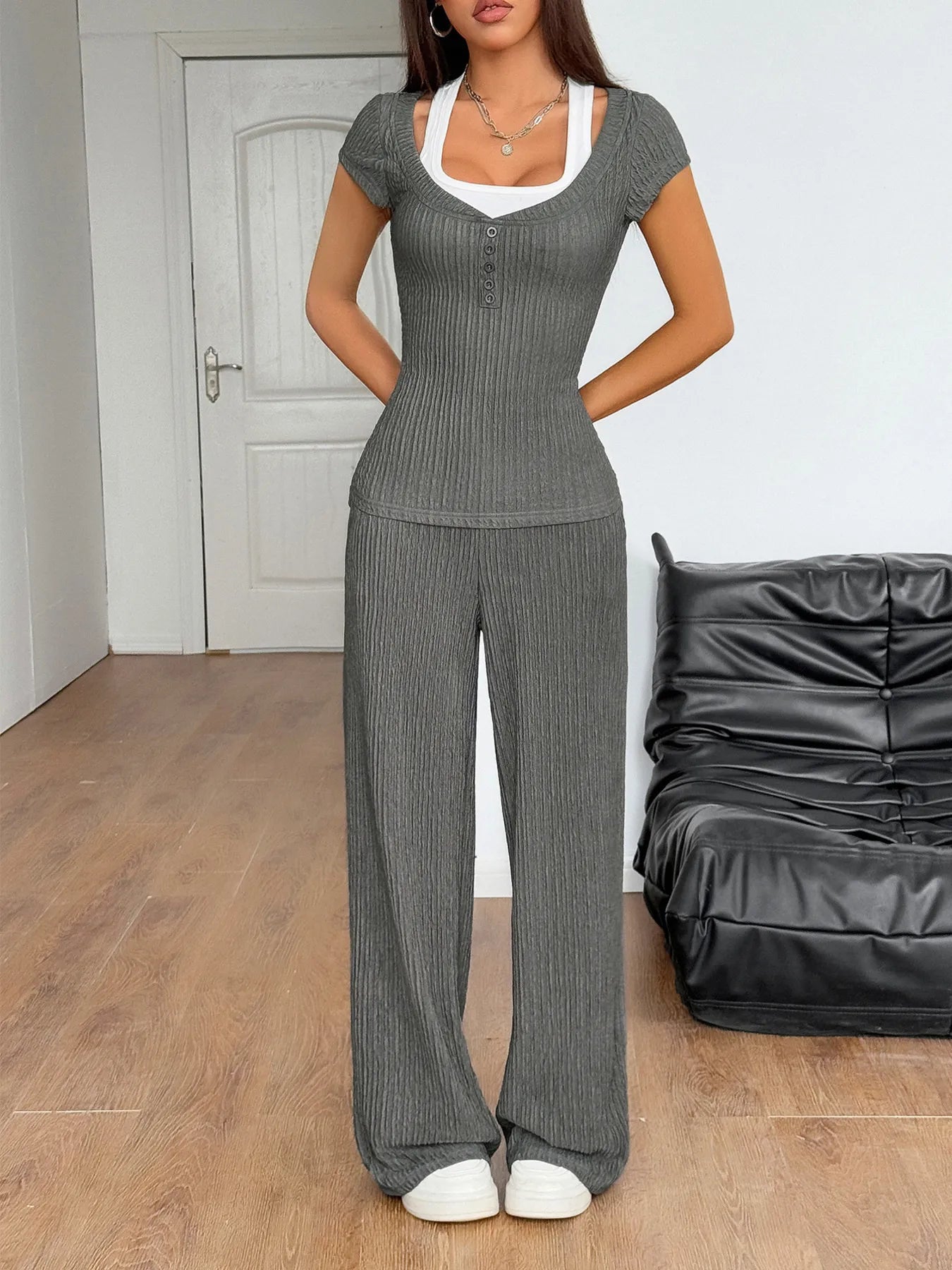 Textured Short Sleeve Top and Pants Set OutfitFlow