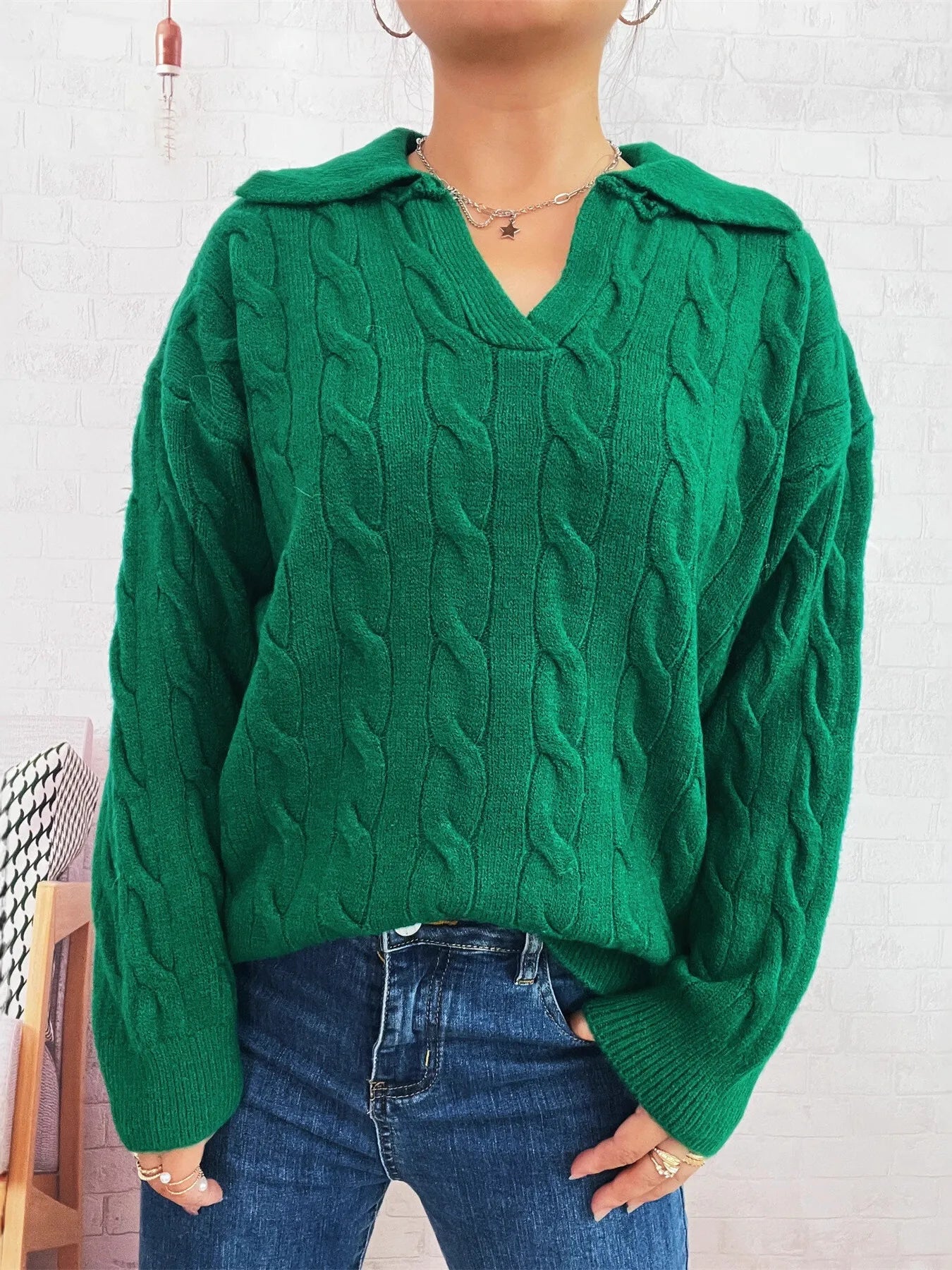 Cable Knit Johnny Collar Sweater Trendsi