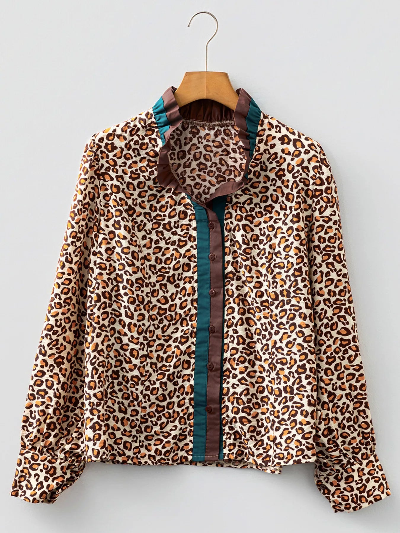 Leopard Print Contrast Frilled Trim Button Down V Neck Shirt OutfitFlow