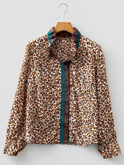 Leopard Print Contrast Frilled Trim Button Down V Neck Shirt OutfitFlow