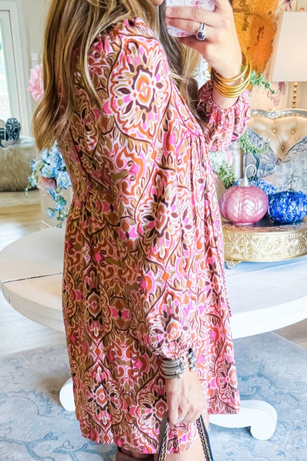 Printed Tie Neck Long Sleeve Mini Dress OutfitFlow