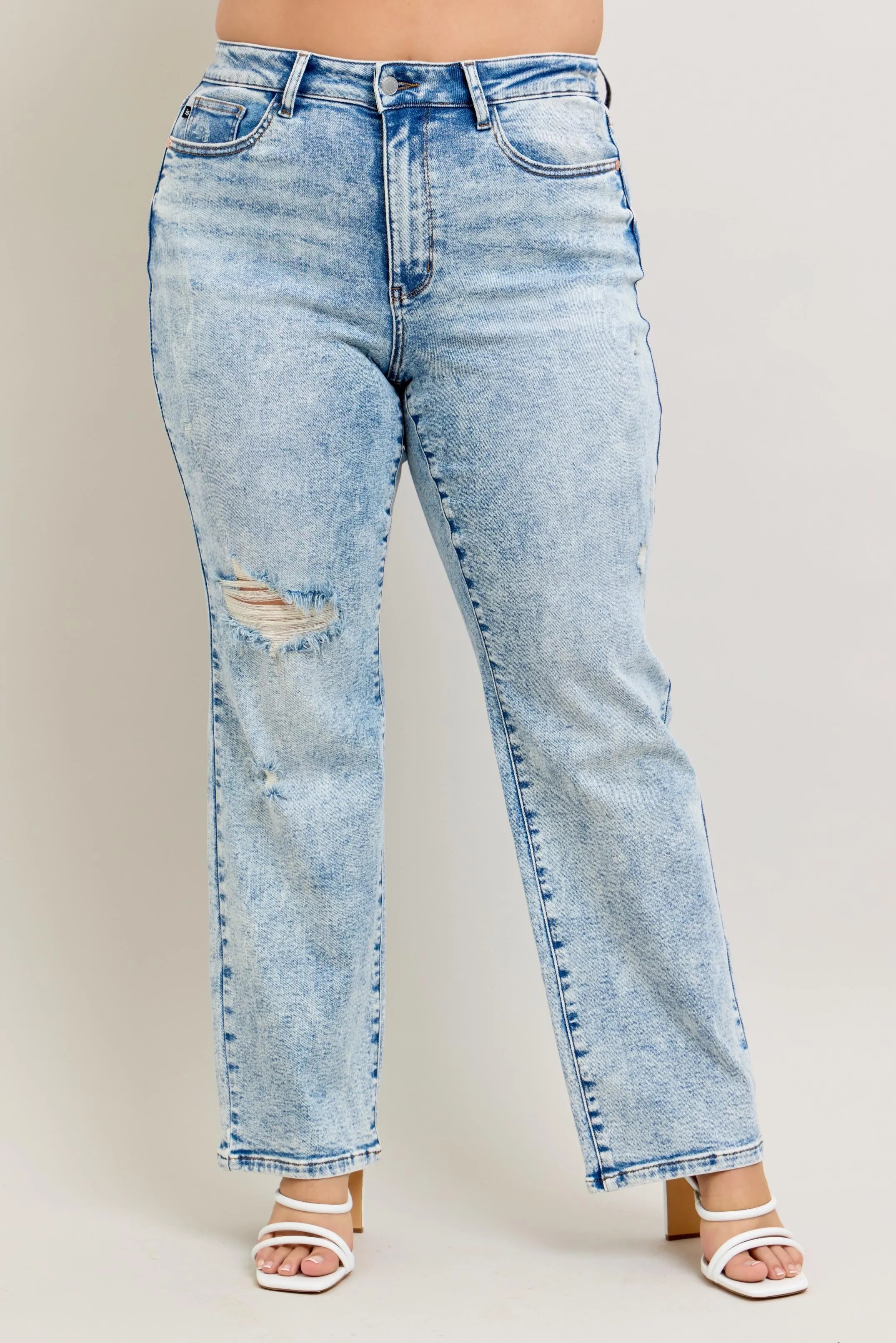 Judy Blue Full Size Hw Mineral Wash Destroy 90's Straight Jeans Plus Size OutfitFlow