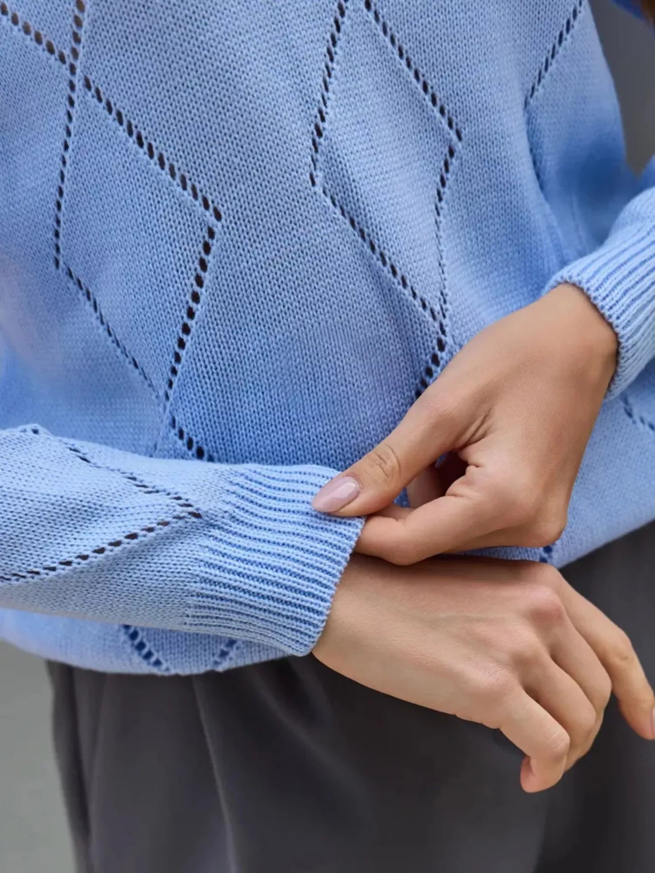 Openwork V-Neck Long Sleeve Sweater OutfitFlow