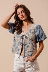 SO ME Crochet Lace Tie Front V Neck Blouse Top OutfitFlow