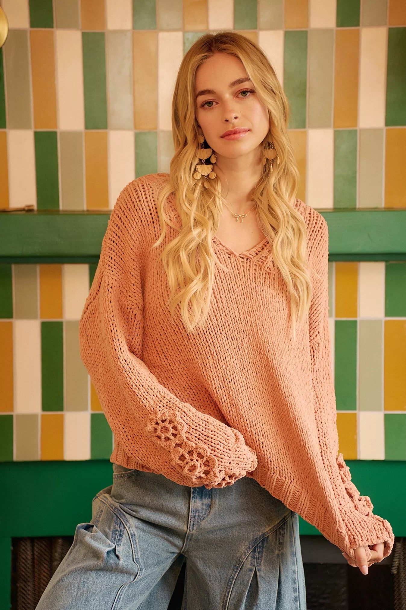 BiBi Chunky Knit Sweater with Flower Detail Sleeves OutfitFlow