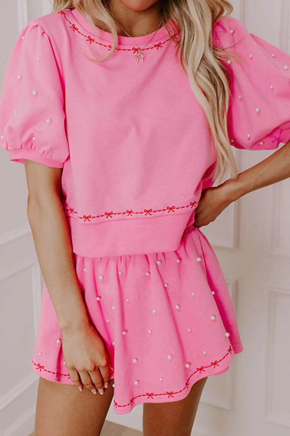 Contrast Bow Trim Pearl Puff Sleeve Blouse and Skort 2pcs Set OutfitFlow