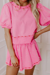 Contrast Bow Trim Pearl Puff Sleeve Blouse and Skort 2pcs Set OutfitFlow