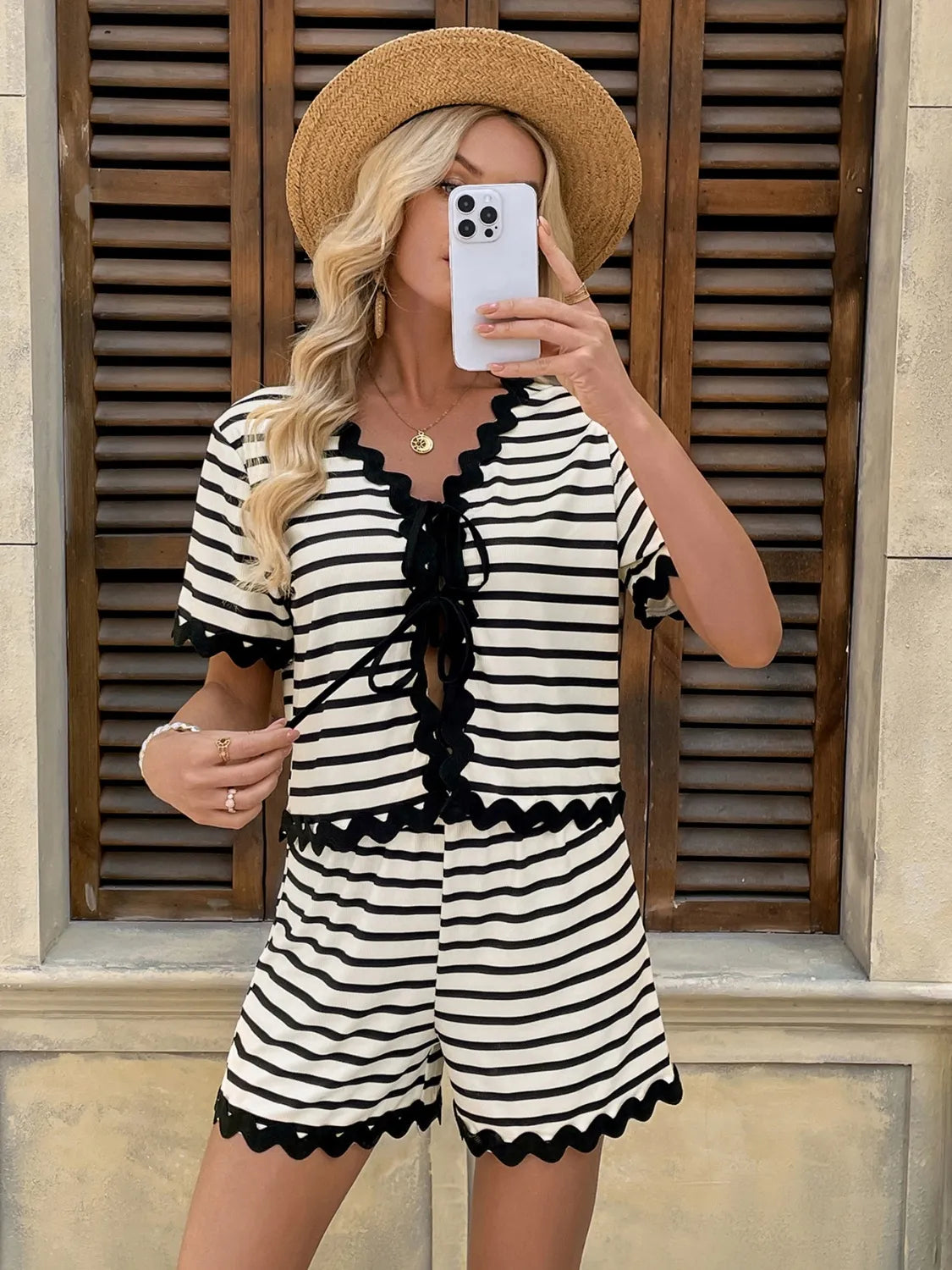 Tied Front Striped Top and Shorts Set OutfitFlow