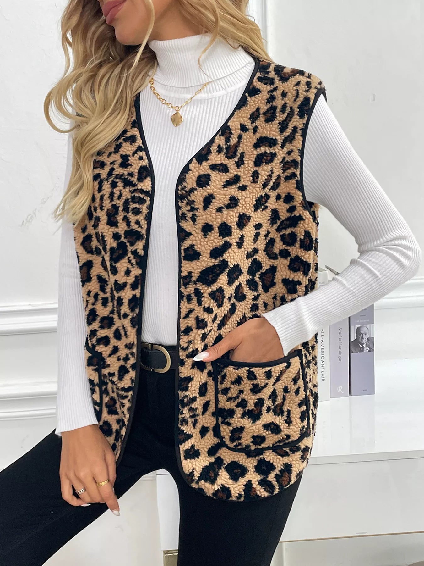 Leopard Fleece Vest Coat with Pockets Trendsi