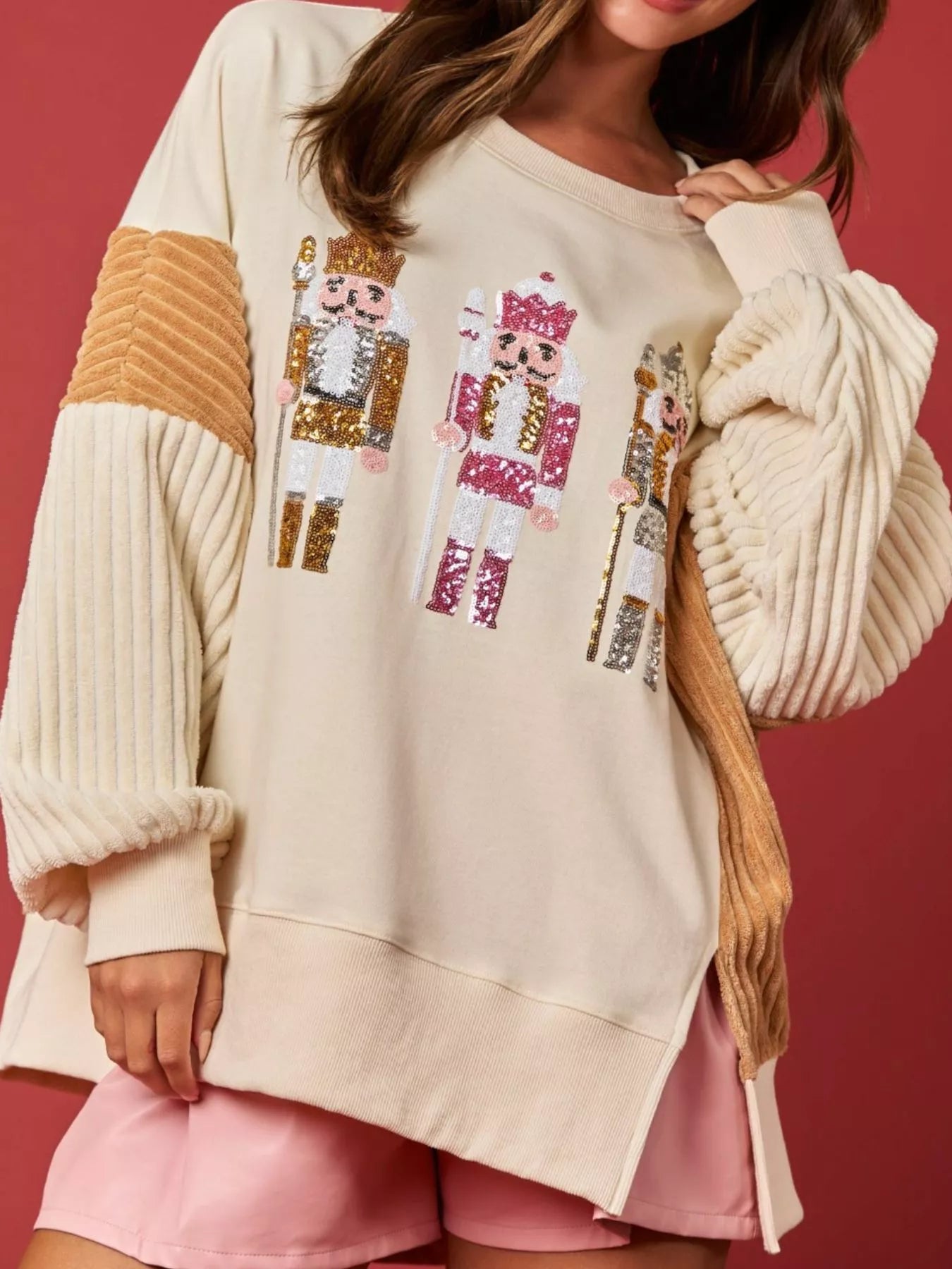 Nutcracker Long Sleeve Sweatshirt with Side Slit Khaki OutfitFlow