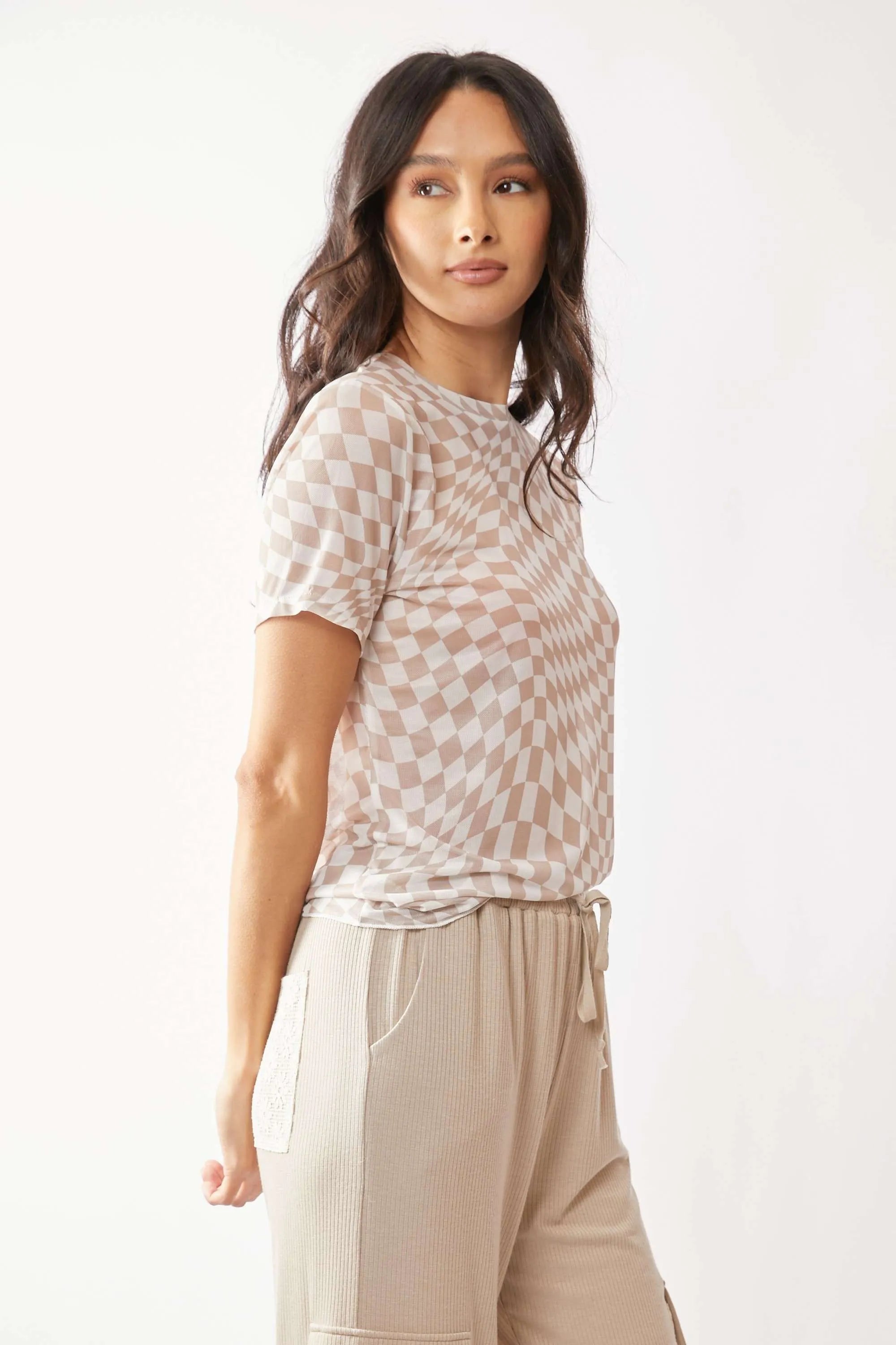 Davi & Dani Checker Board Printed Mesh Short Sleeve Top OutfitFlow