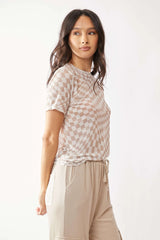 Davi & Dani Checker Board Printed Mesh Short Sleeve Top OutfitFlow