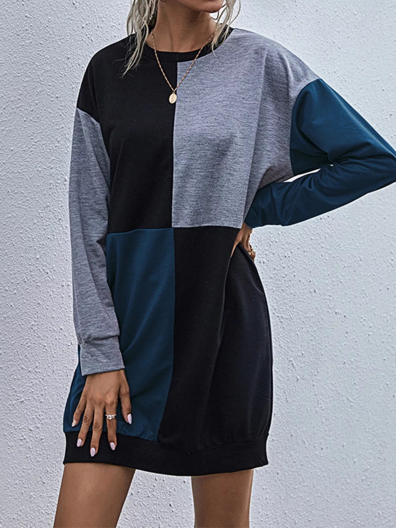 Color Block Casual Long Sleeve Mini Dress Navy Blue OutfitFlow