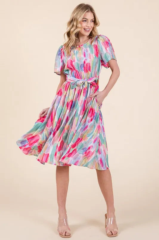 Lime 'N' Chili Watercolor Print Tie Front Midi Dress OutfitFlow