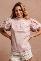 BiBi Embroidery Bubble Sleeve Top With Bottom Scallop Detail OutfitFlow