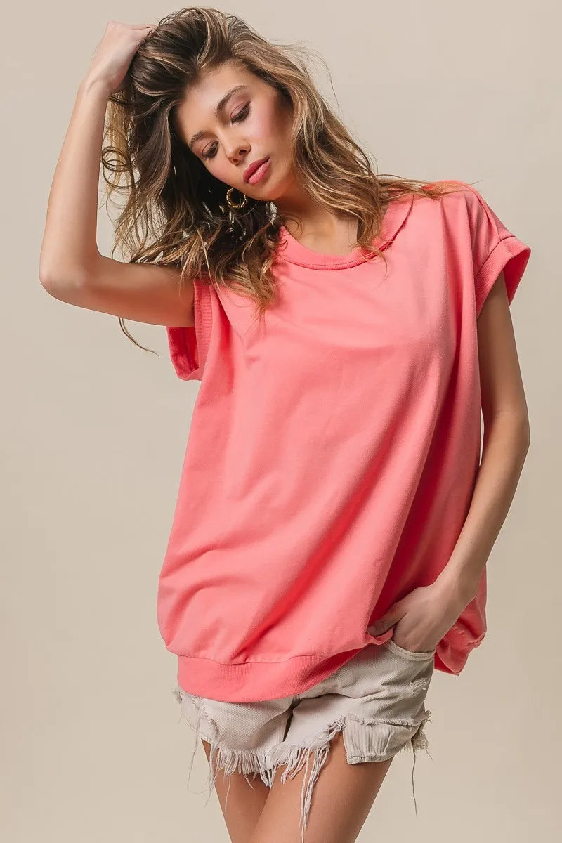 BiBi French Terry Drop Shoulder Basic Top OutfitFlow