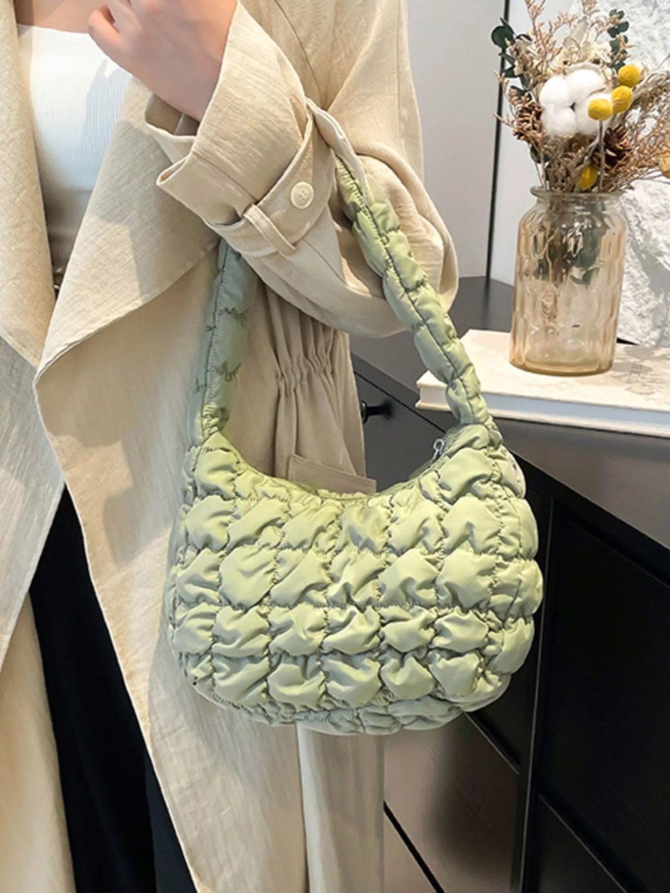 Quilted Ruched Shoulder Bag OutfitFlow