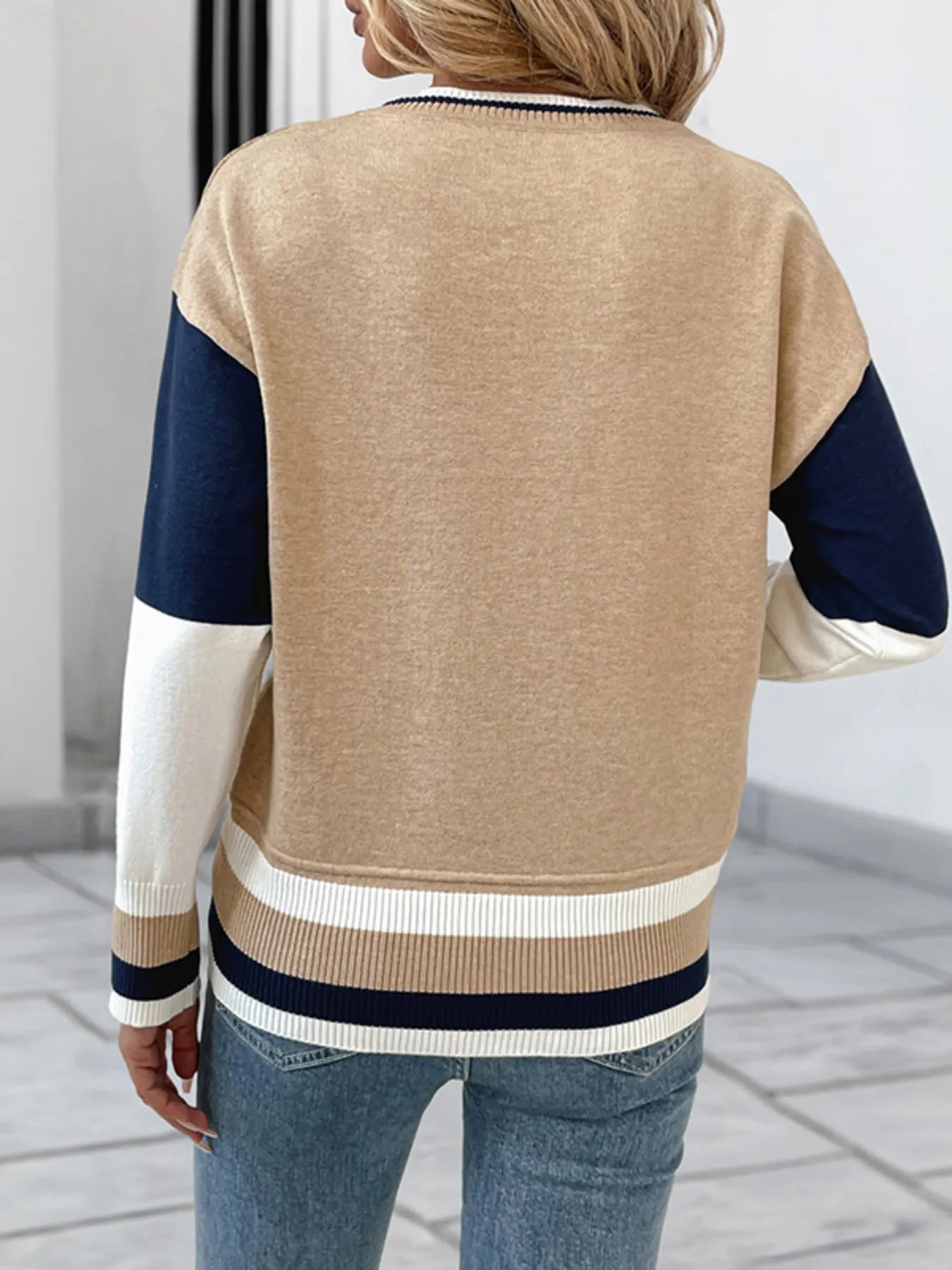 Color Block Round Neck Sweater with Ribbed Trim OutfitFlow