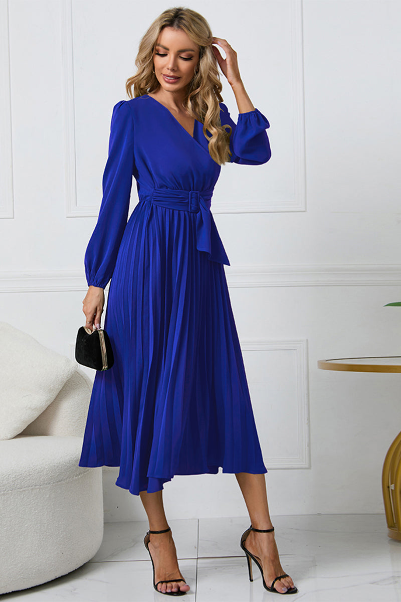 Outfit Flow - V-Neck Long Sleeve Tie Waist Midi Dress