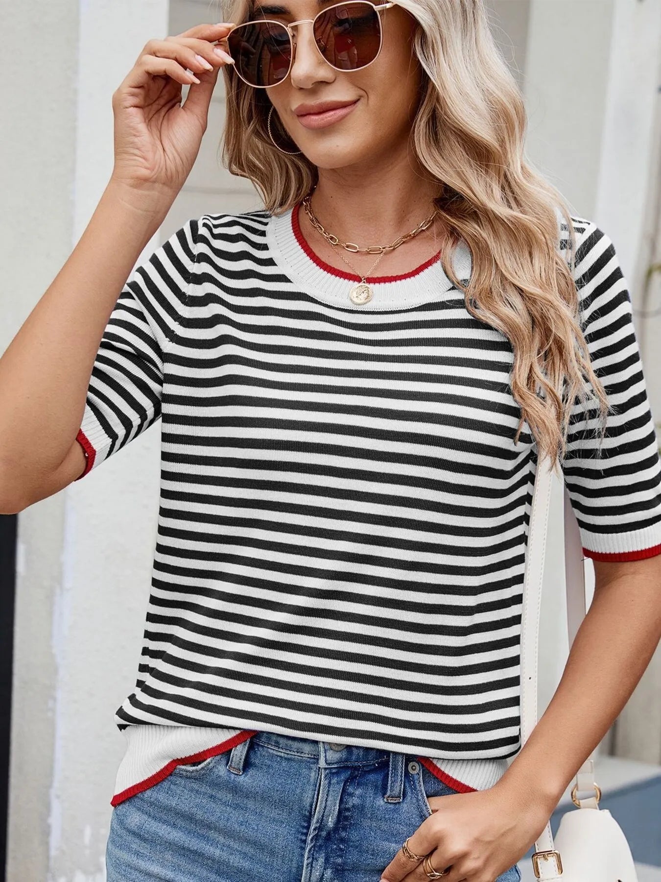 Striped Casual T-Shirt with Contrast Trim OutfitFlow