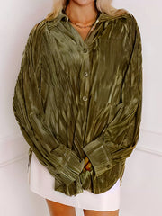 Velvet Button-Down Long Sleeve Shirt Army Green OutfitFlow