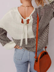 Color Block Back Tie Drop Shoulder Loose Sweater OutfitFlow