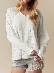 Eyelet Embroidered Loose V Neck Long Sleeve Top OutfitFlow