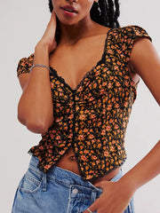 Floral Print Cap Sleeve Cropped Top Black OutfitFlow