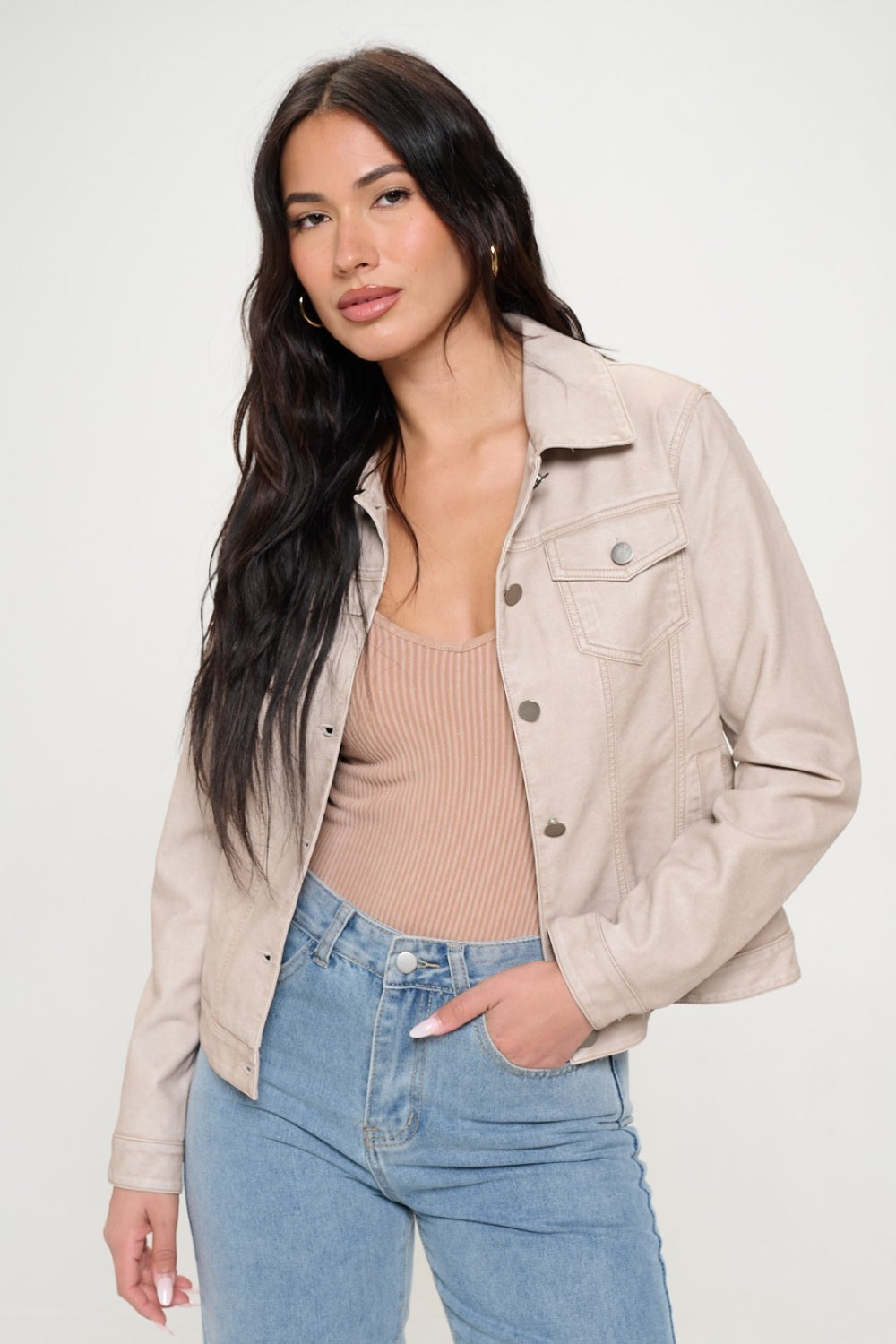 Coalition LA Button Down Cargo Vegan Leather Jacket