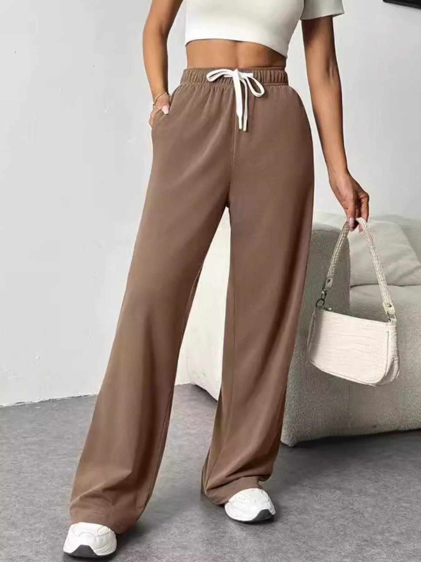 Drawstring Wide Leg Pants Brown OutfitFlow