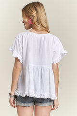 ADORA Button Down Ruffled Babydoll Blouse OutfitFlow
