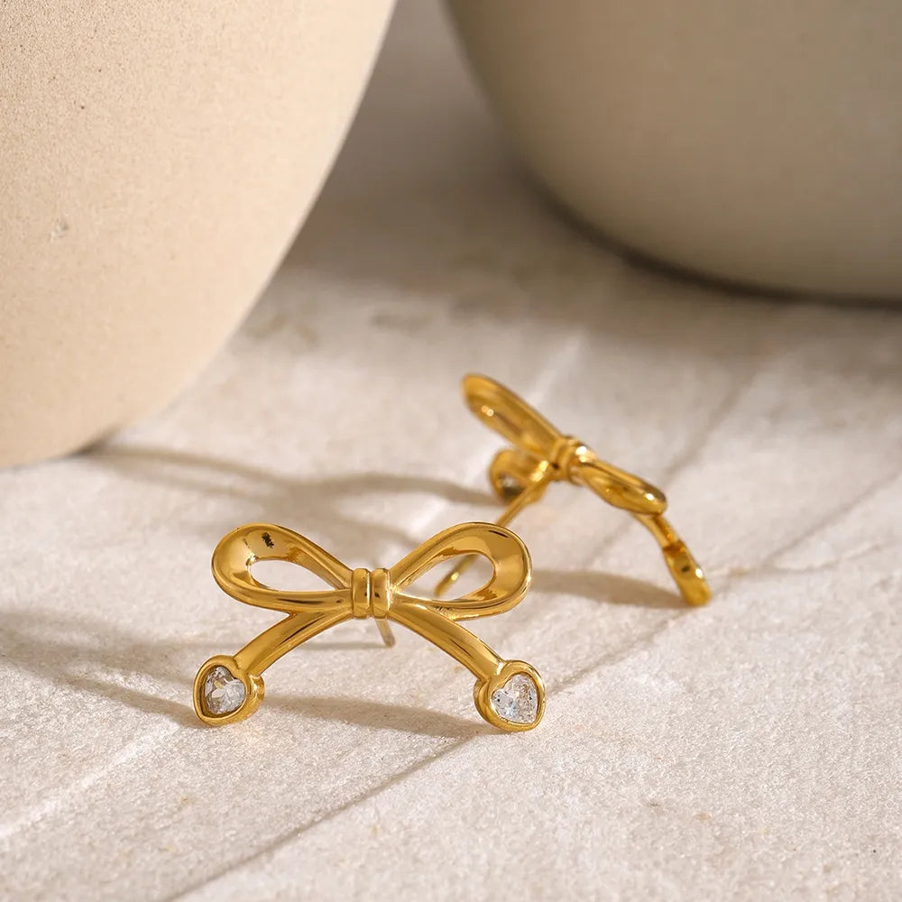 Stainless Steel Inlaid Zircon Bow Earrings OutfitFlow