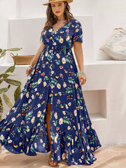 Plus Size Floral V-Neck Short Sleeve Maxi Dress OutfitFlow