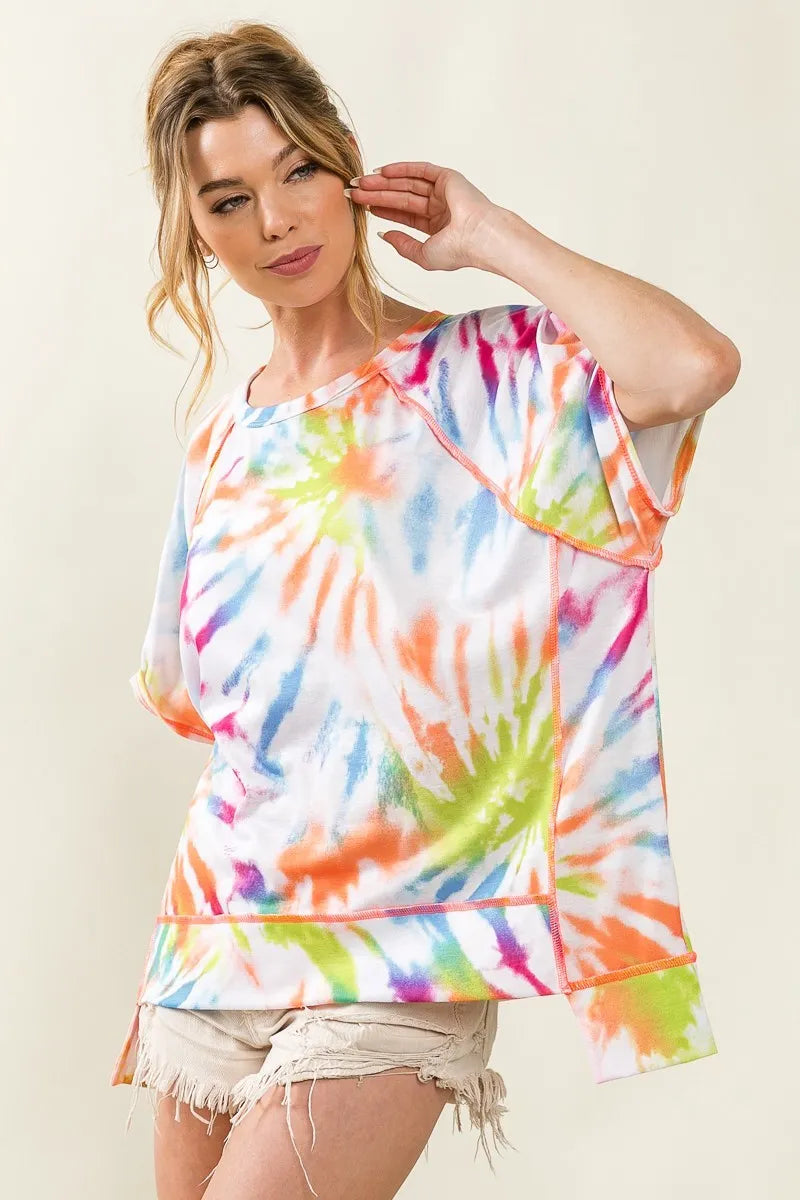 BiBi Tie Dye Print Jersey Stitched Uneven Hem Top OutfitFlow