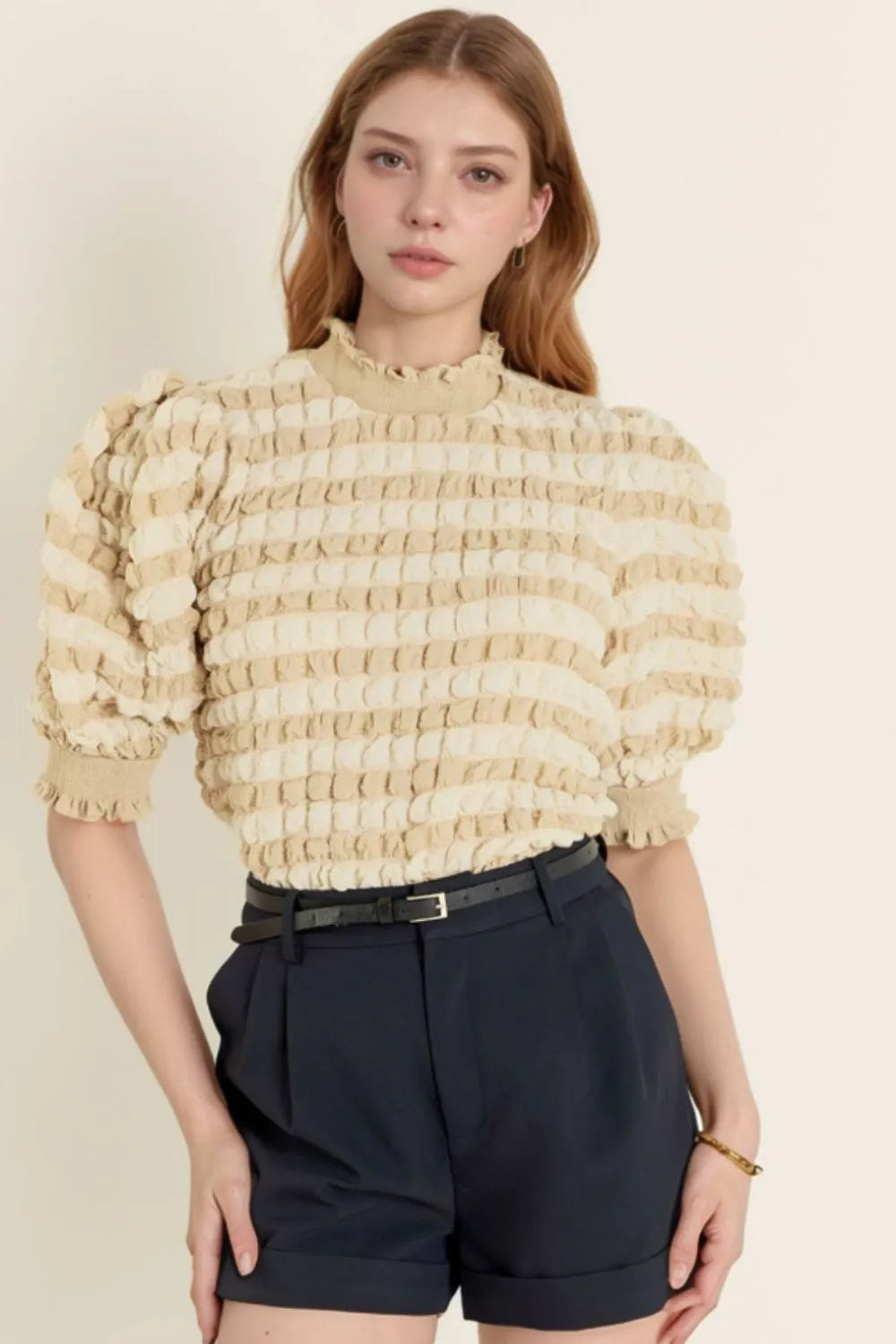 Textured Mock Neck Short Sleeve Blouse OutfitFlow