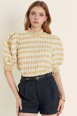 Textured Mock Neck Short Sleeve Blouse OutfitFlow