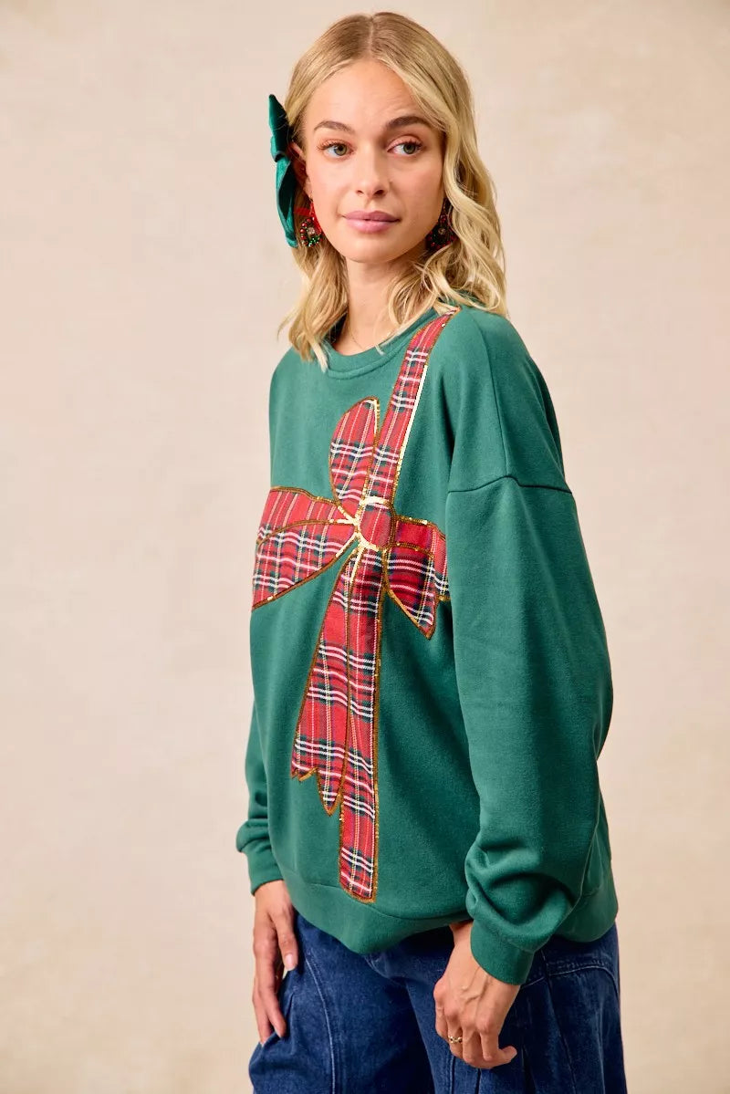 BiBi Plaid Ribbon Bow Detail Christmas Fleece Pullover OutfitFlow