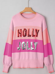 Sequined HOLLY JOLLY Color Block Crew Neck Sweater OutfitFlow