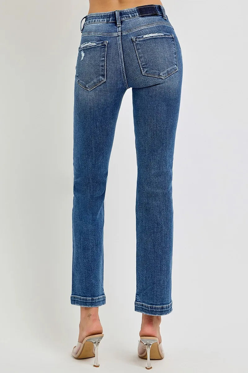 RISEN Full Size Tummy Control Elastic Band Mid Rise Straight Jeans Plus Size OutfitFlow