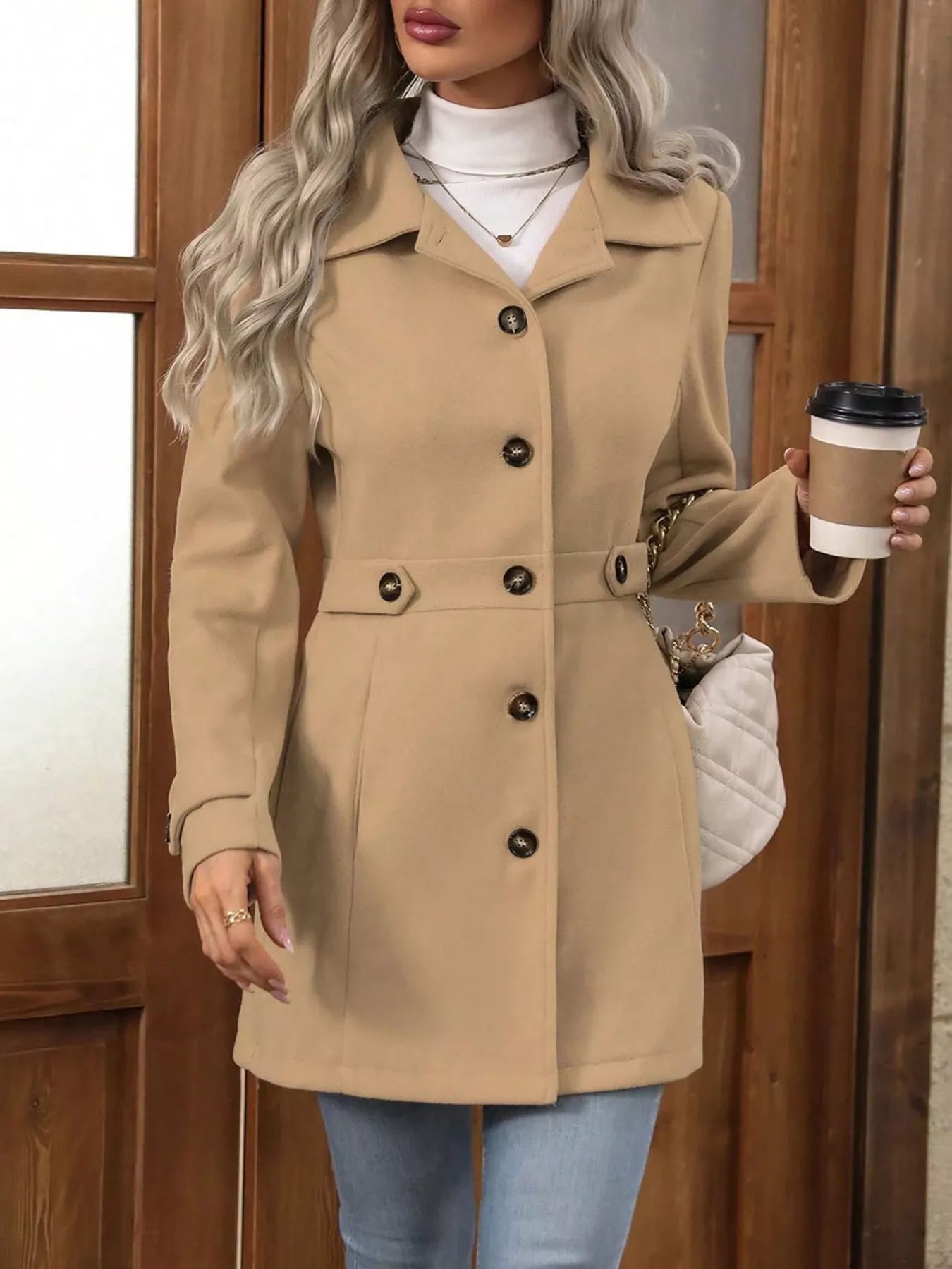 Button Up Long Sleeve Outerwear Camel OutfitFlow